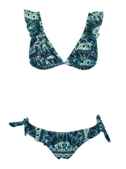 Lace Up Printed Falbala Bikini