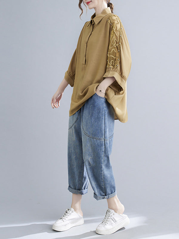 Casual Split-Joint Lace Hollow Seven-Quarter Sleeves Blouses Top