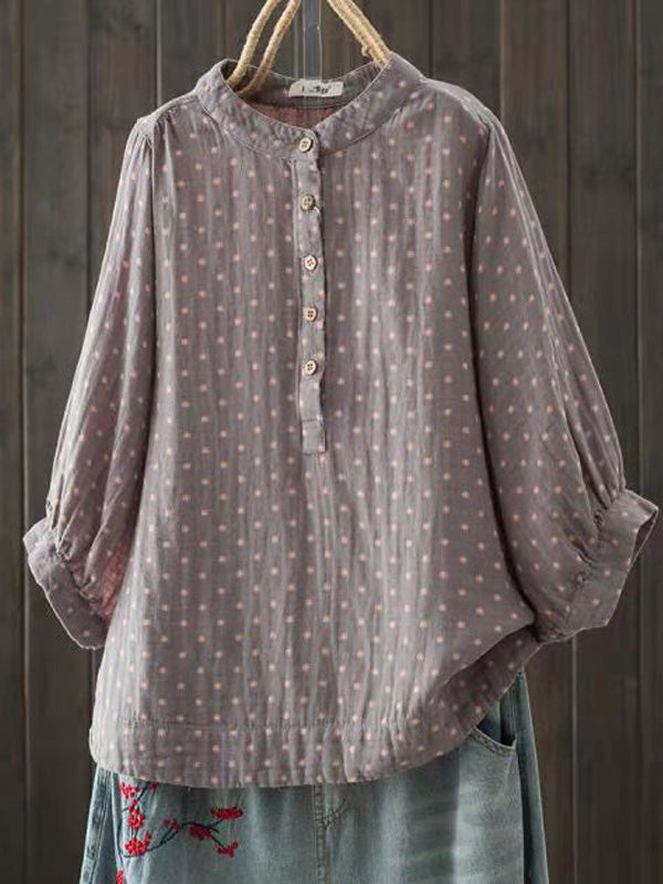 Simple Printed Buttoned Short Sleeves Blouse Top