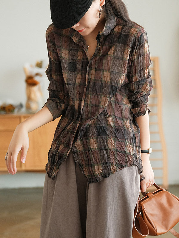 Vintage Printed Buttoned Pleated Lapel Long Sleeves Blouse Tops