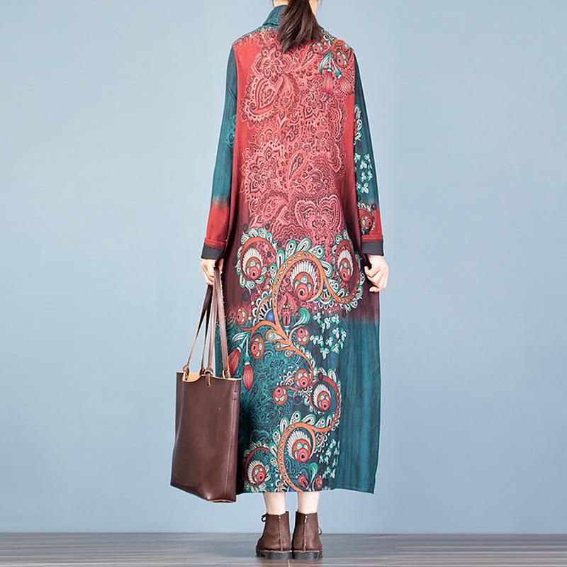 Buykud Printed Flocking Fashion Turtleneck Elegant Dress