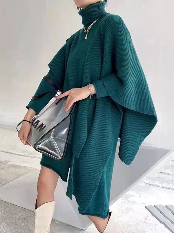 Solid Round-Neck Sweater Dresses And Irregularity Batwing Sleeves High-Neck Cape Set