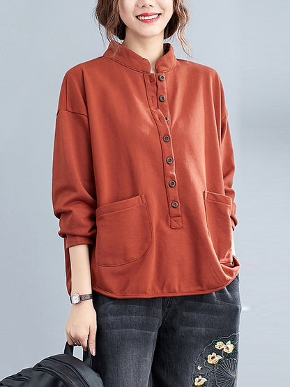 Casual Solid Color Buttoned Split-Joint With Pocket Stand Collar Long Sleeves Sweatshirts