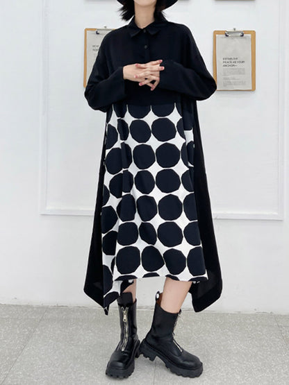 Stylish Irregular Polka-Dot Spit-Joint Buttoned Lapel Collar Long Sleeves A-Line Midi Shirt Dress