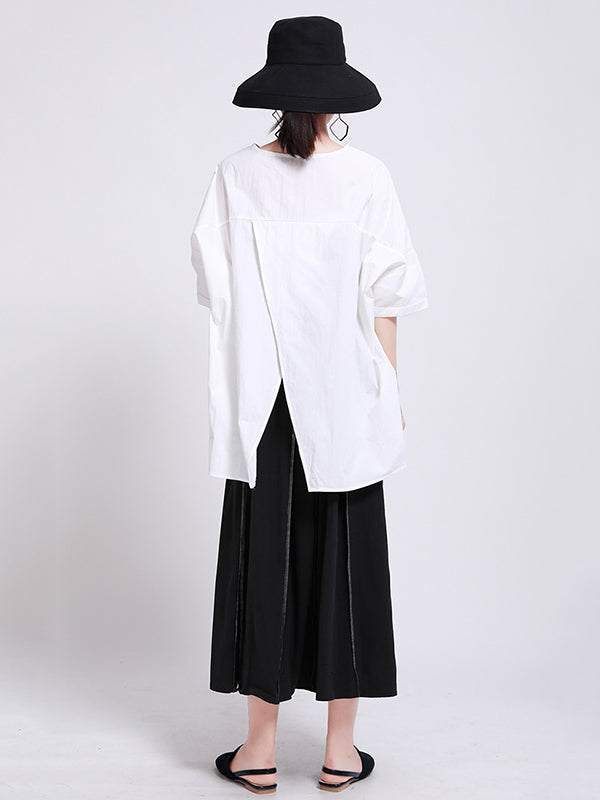 Casual Split-Back Split-Joint With Pocket Solid Color Round-Neck Half Sleeves T-Shirt