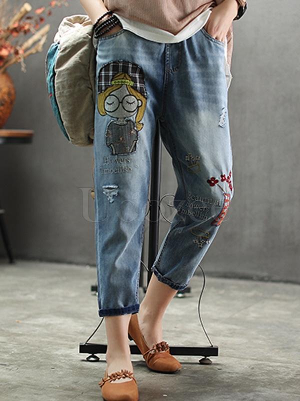 Casual Jean Embroidered Pants