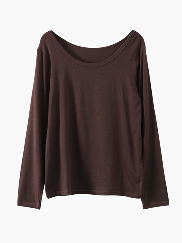 Casual Solid Color Long Sleeves Round-Neck T-Shirt Tops