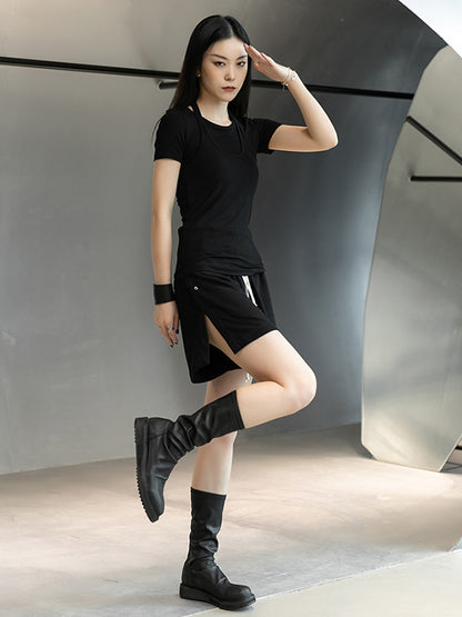 Stylish Halterneck Solid Color False Two Short Sleeves T-Shirt