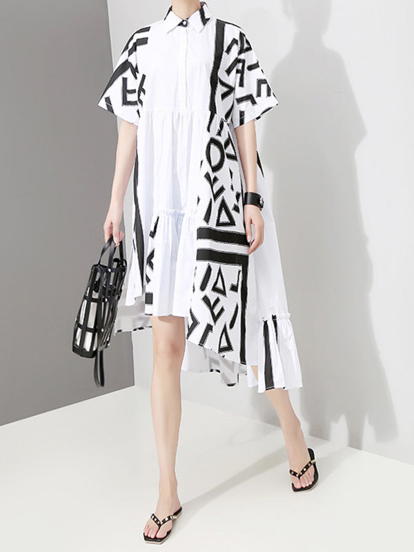 Loose Asymmetric Printed High-Low Lapel Split-Joint Midi Dress