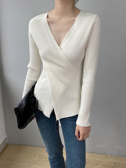 Chic Simple 5 Colors Split-Front V-Neck Long Sleeves Knitted Sweater Tops