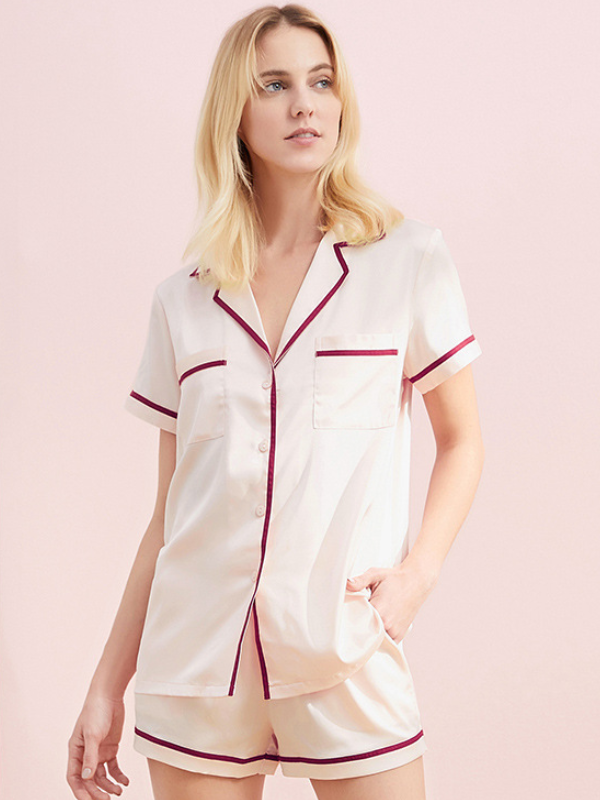 Casual Ice Silk Solid Color Notched Collar Short Sleeves Shirts& Shorts Pajama