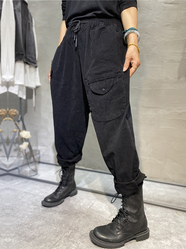 Casual Solid Color With Pockets Drawstring Harem Pants