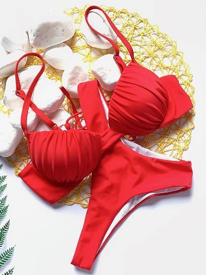 Solid Color Ruffled Bandage Split Bikini Swimsuit