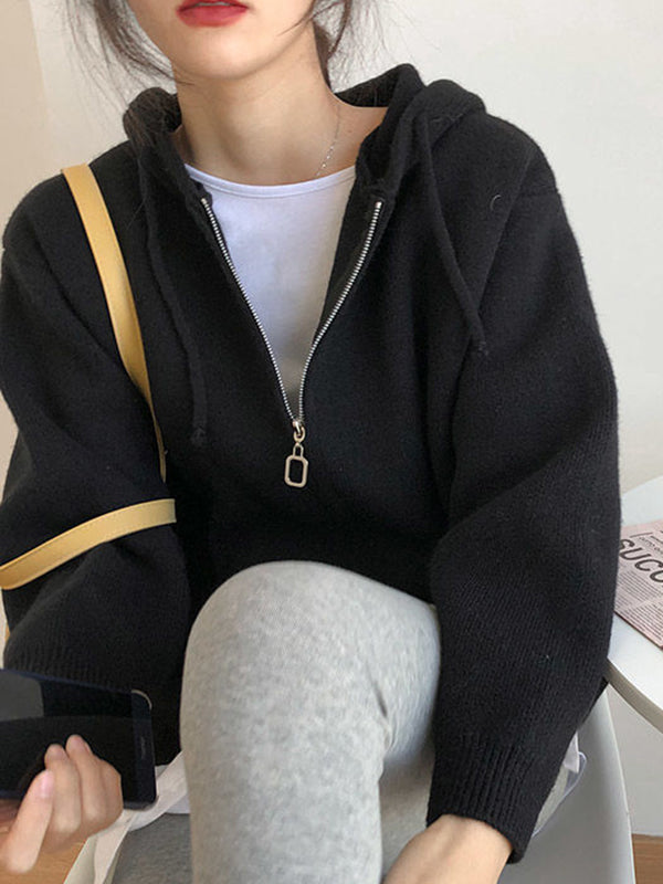 Fashion Solid Knitted Long Sleeves Hooded Outerwear