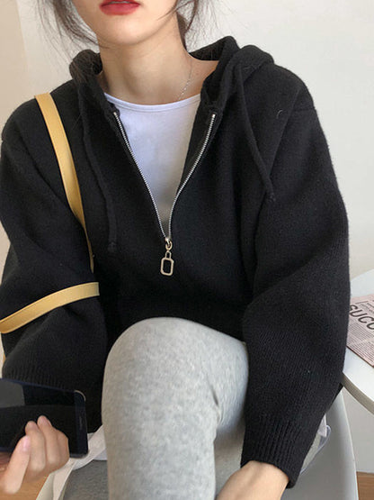 Fashion Solid Knitted Long Sleeves Hooded Outerwear