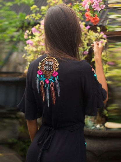 Embroidered V-neck Lace-up Dress
