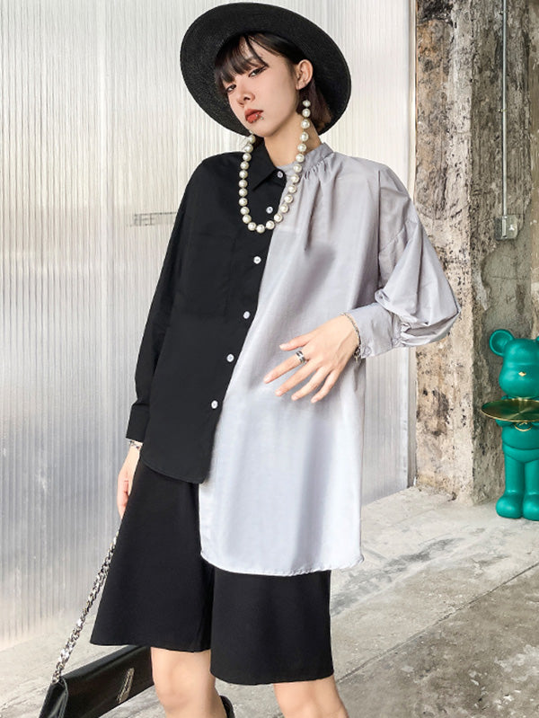 Irregular Casual Solid Color Pleated Buttoned Lapel Collar Long Sleeves Blouse