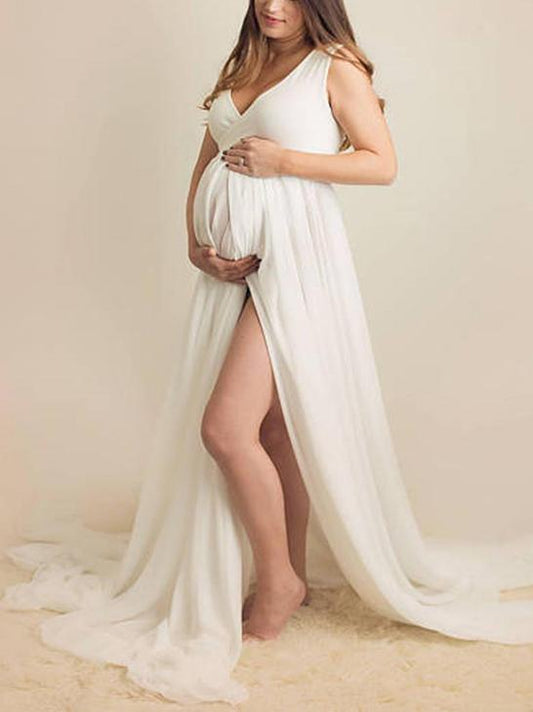 Maternity V-neck Chiffon Maxi Dress