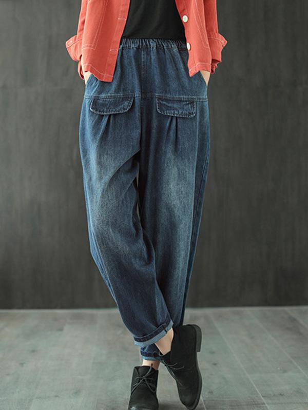 Leisure Solid Denim Puff Pants Bottoms