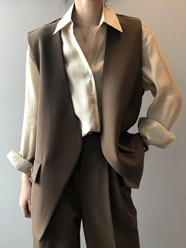Urban Solid Color Split-Joint With Pocket Split-Back V-Neck Sleeveless Vest Outwear