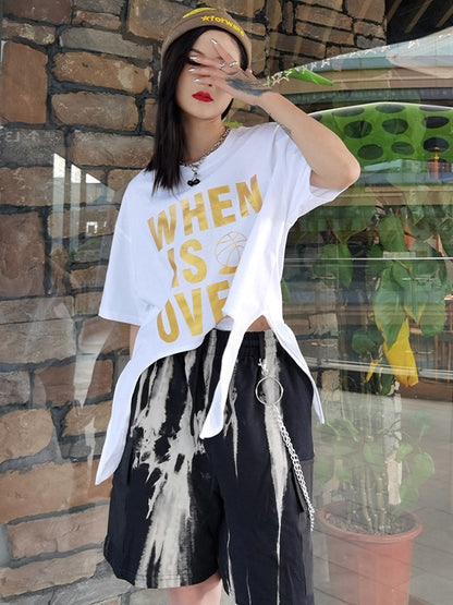 Stylish Letter&Character Print Asymmetric Short T-Shirt