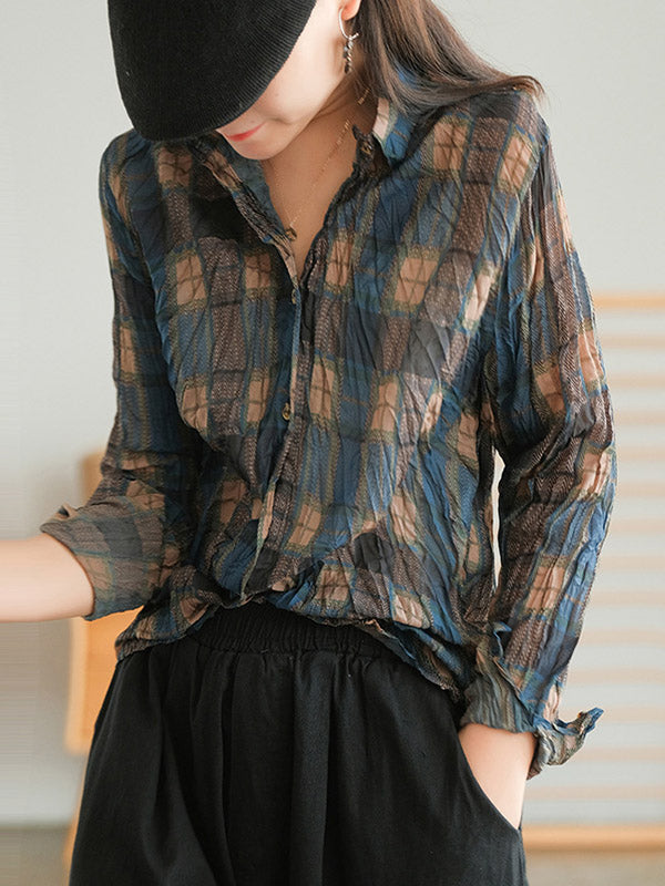 Vintage Printed Buttoned Pleated Lapel Long Sleeves Blouse Tops