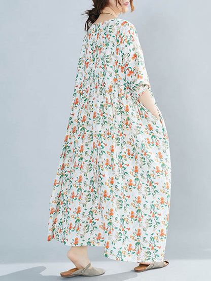 Casual Floral Printed Round-Neck Short Sleeves Midi Dress