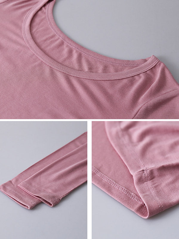 Casual Solid Color Long Sleeves Round-Neck T-Shirt Tops
