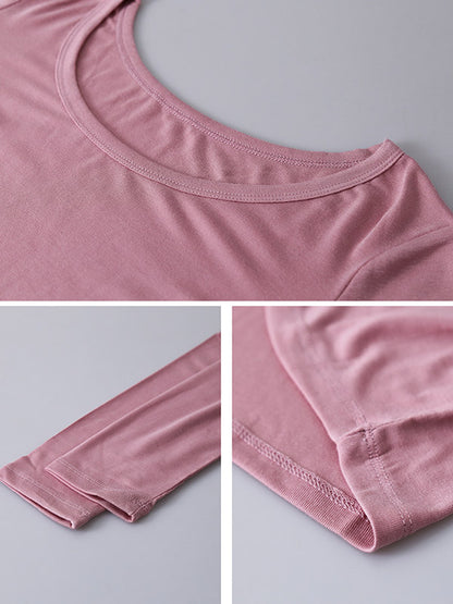 Casual Solid Color Long Sleeves Round-Neck T-Shirt Tops