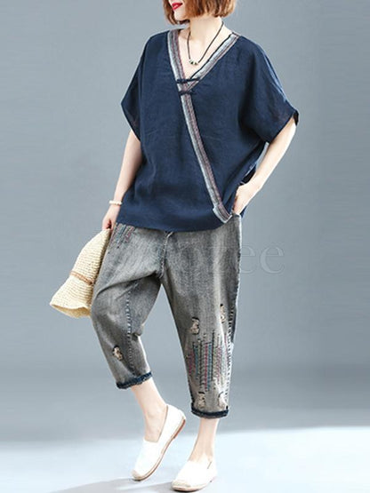 Loose Linen Frog V-neck T-shirt