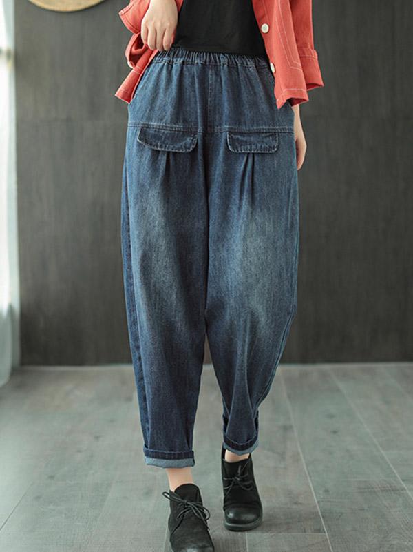 Leisure Solid Denim Puff Pants Bottoms