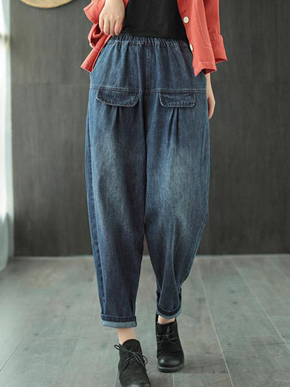 Leisure Solid Denim Puff Pants Bottoms