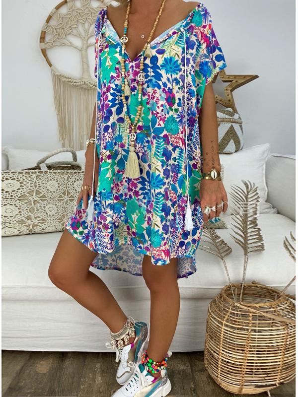 Tasseled V-neck Printed Mini Dress