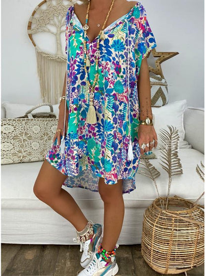Tasseled V-neck Printed Mini Dress