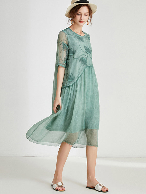 Original Artistic Retro Loose Embroidered Pleated Split-Joint Midi Dress