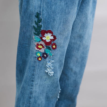 Embroidered Flowers And Frayed Casual Jeans
