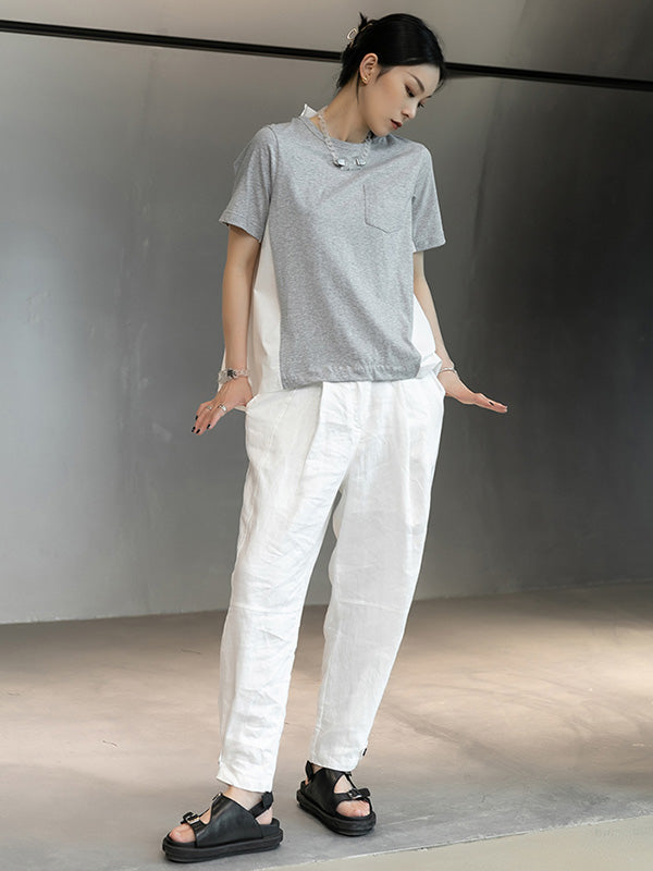Original Split-Joint Round-Neck High-Low Buttoned T-Shirt
