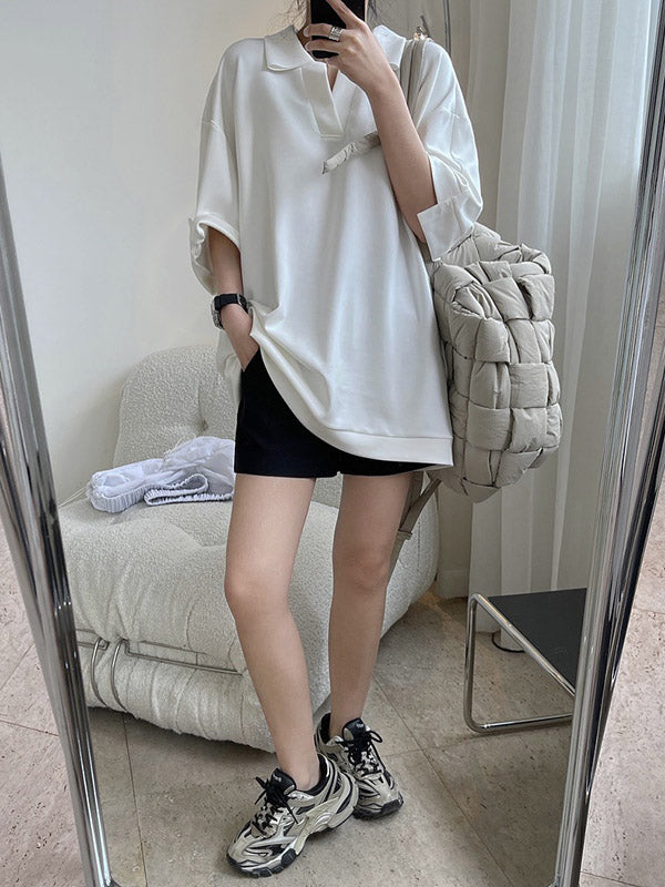 Girlish Loose Black&White V-Neck Half Sleeves T-Shirts