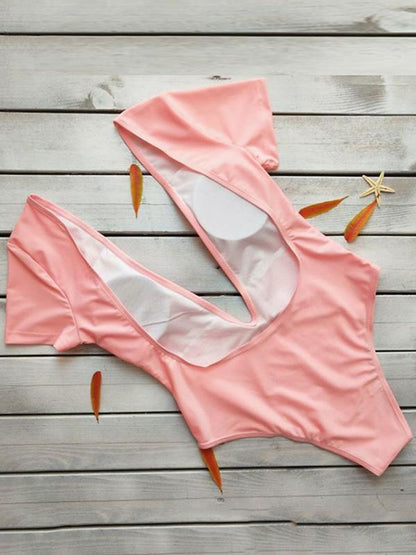 Deep V-neck Short Sleeves One-piece Swimwear