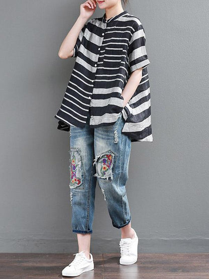 Vintage Loose Striped Stand Collar Shirt