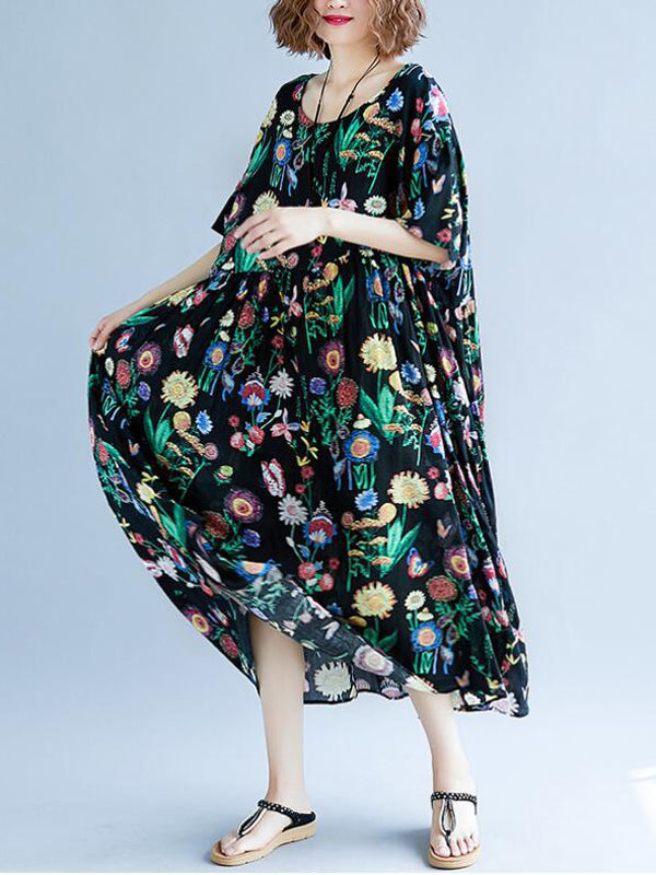 Vintage Loose Pleated Floral Printed Short Sleeves Midi Dress