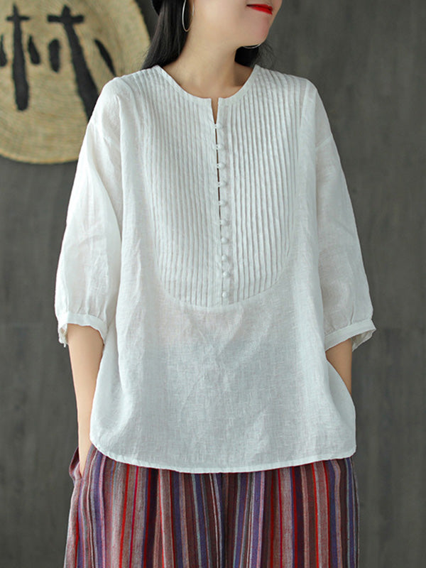 Original Linen Solid Color Pleats T-Shirts Tops