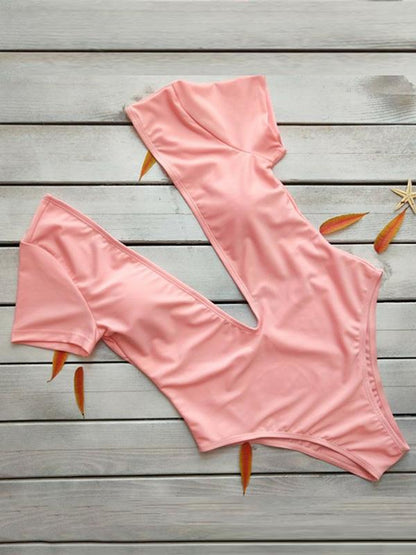 Deep V-neck Short Sleeves One-piece Swimwear