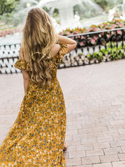 Spaghetti-neck Falbala Floral Maxi Dress