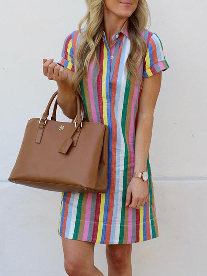 Striped Lapel Mini Shirtdress