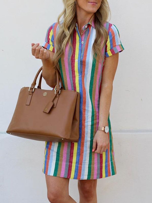 Striped Lapel Mini Shirtdress