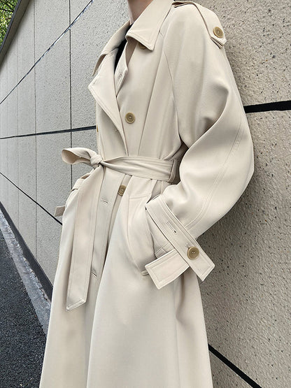 Chic Solid Color Buttoned Tied Notched Collar Long Sleeves Trench Coat