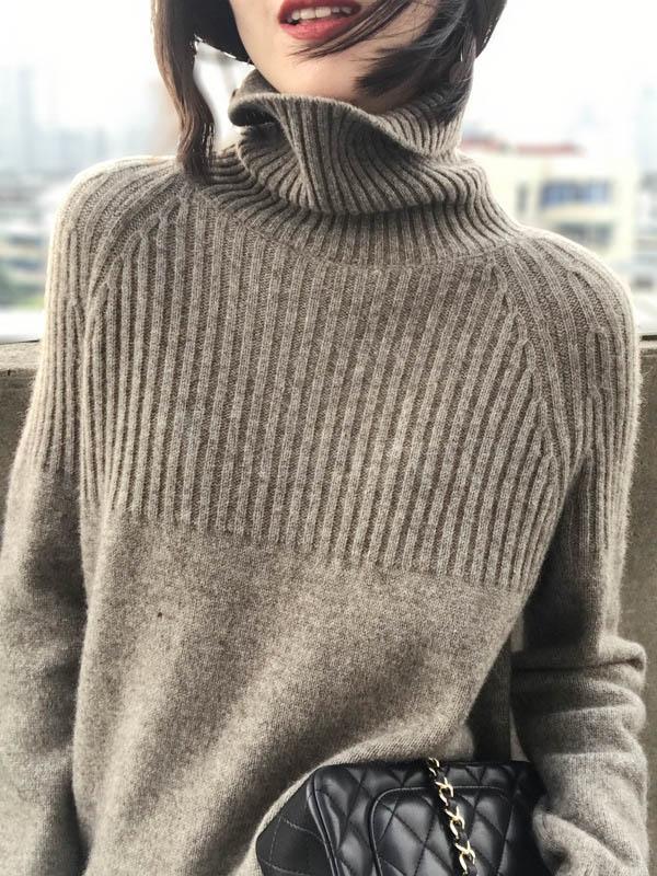 Loose High-neck High-low Solid Casual Sweater