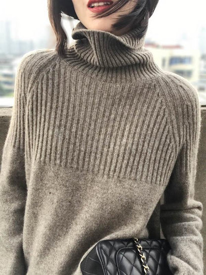 Loose High-neck High-low Solid Casual Sweater