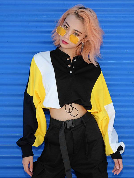 Long Sleeve Color-Block Crop Sweatershirts